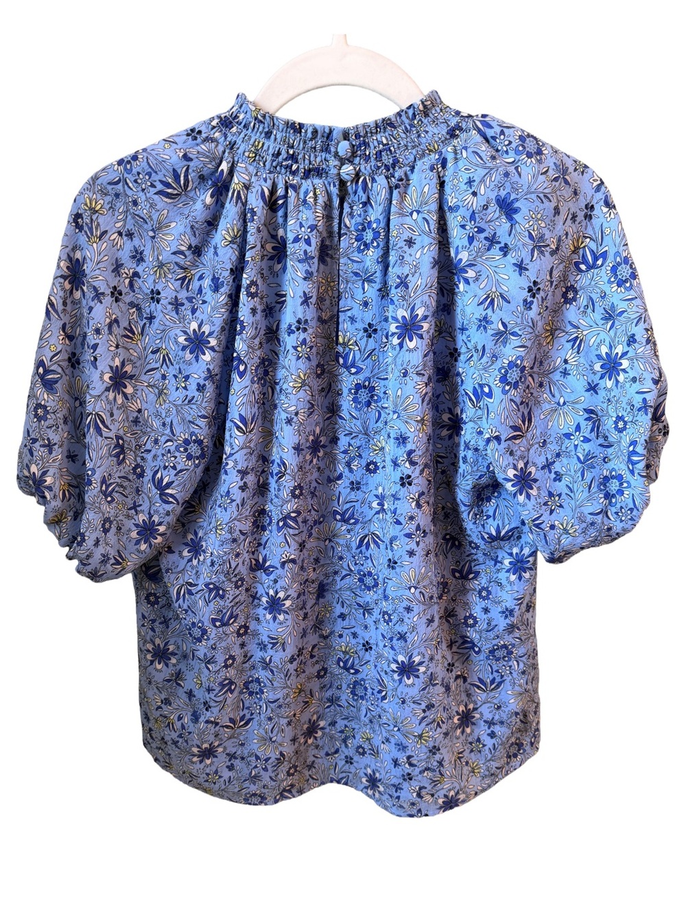 LOFT Blue Botanical Smocked Neck Puff Sleeve Top Small Summer Boho Chic Casual - Picture 3 of 7